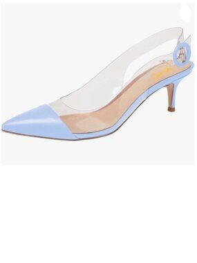 XYD Sky Blue Transparent Slingback Kitten Heels Pumps Pointed Toe PVC Sandals